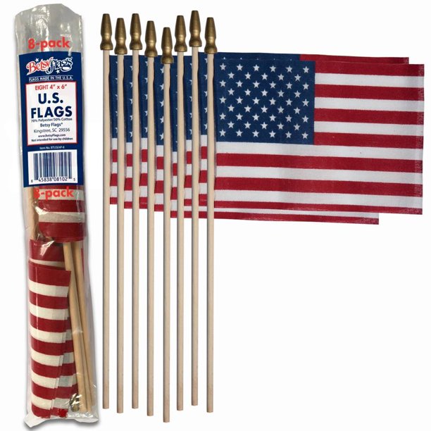 Betsy Flags 4"x6" Stick U.S. American Flags 8 Pack Made in the U.S