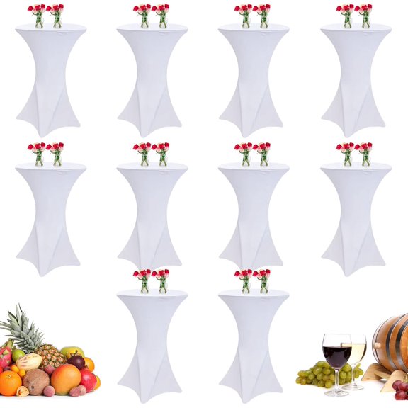 10 Pack Spandex Cocktail Table Cover Bulk 24 x 43 Inch Round Highboy Stretch Bistro Tablecloths Fitted Corner High Clothes for Weddings Banquet Birthday Party (White)