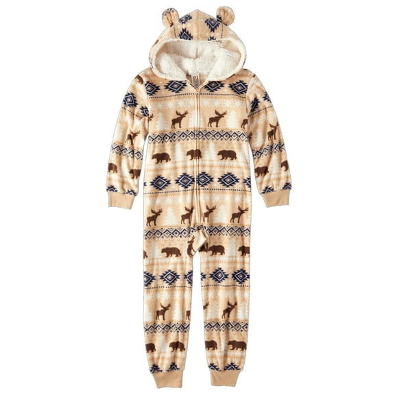 Boy's Fleece Moose and Bear Print Soft Fleece Sherpa Hooded Pajama Sleeper (Small 5/6)