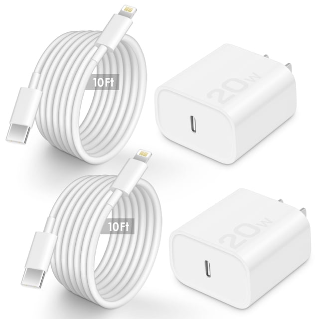 Cargador rápido AISNI de 20 W, paquete de 2 unidades con cable de 10 pies para iPhone