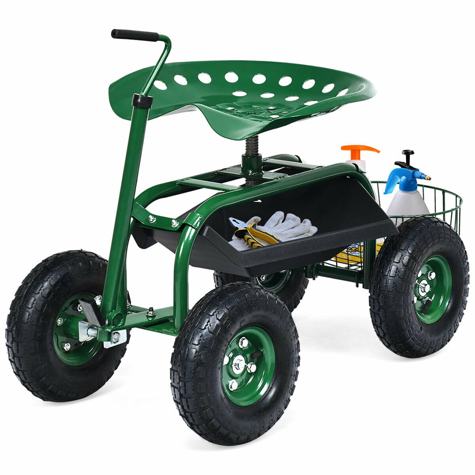 Kinlife Garden Cart Rolling Work Seat Patio Wagon Scooter for Planting with Utility Tool Tray and Basket Green 