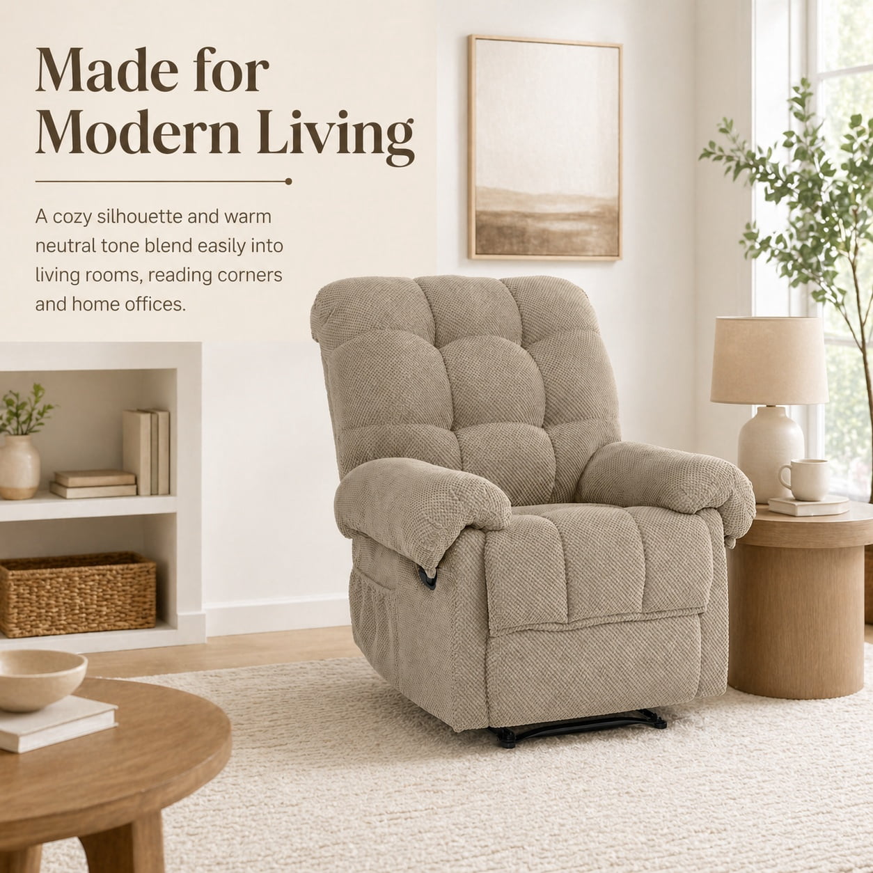 Miniyam Overstuffed Recliner Chair with Plush Armrests, Adjustable Ergonomic Recliner, 105° to 165° Reclining, Camel