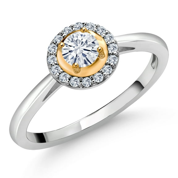 Gem Stone King 2 Tone 925 Sterling Silver and 10K Yellow Gold White Moissanite and White Lab Grown Diamond Solitaire Engagement Ring for Women (0.34 Cttw, Round 4MM, Size 5)