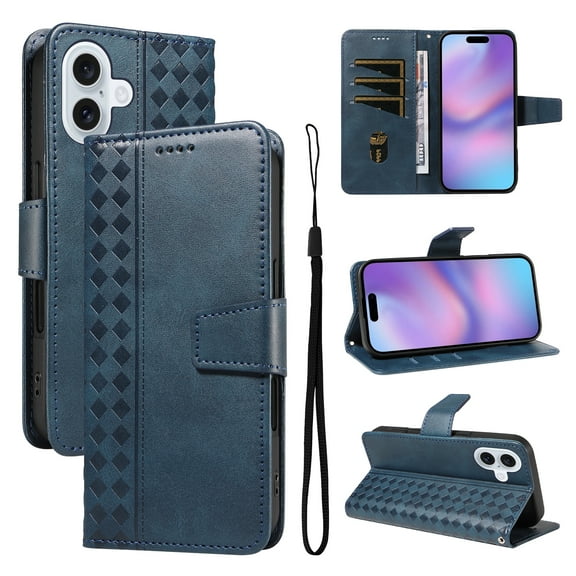 Allytechgroup Case for Apple iPhone 17, Stand Embossed PU Leather Wallet Cover with Cash Pockets/Credit Card Slots/Wrist Strap Lanyard/Magnetic Clasp Kickstand Soft TPU Back Shockproof Shell, Blue