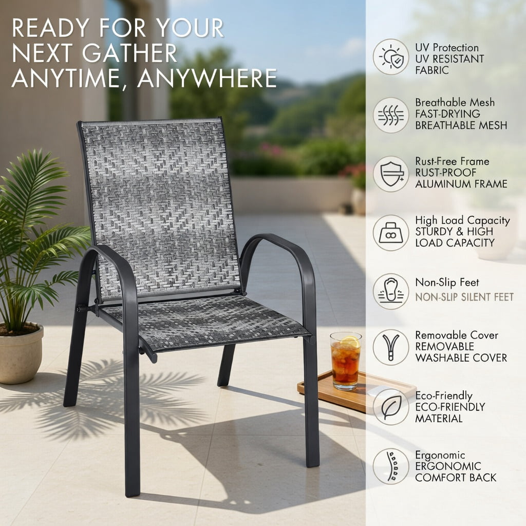 Hommoo 6-Pack Stackable Outdoor Dining Chairs, All-Weather PE Wicker & Rustproof Steel Frame, Patio, Garden & Poolside Use, Gray