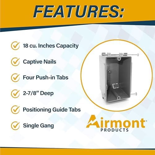 16 Pack Plastic Electrical Box, Grey Outlet Box, Single Gang New Work Junction Box, Captive Nails, 18 cu. Inches, Length 3.75'', Width 2.25'', Depth 2.875'', 2 Hour Fire Rated Electrical Outlet Box