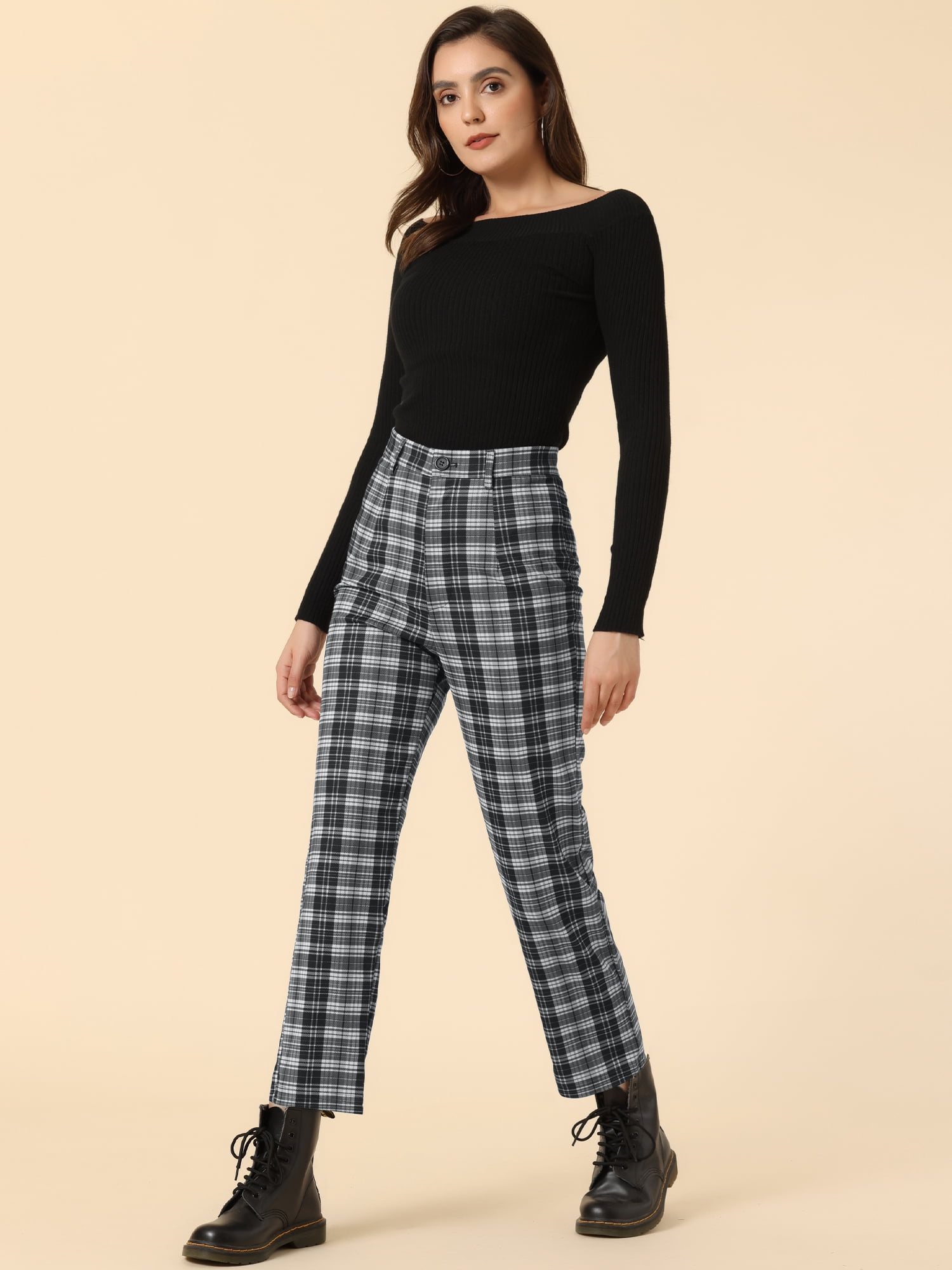 DARING DIVA Women's Plaid Trousers Button Tartan Check Work Pants L Black White