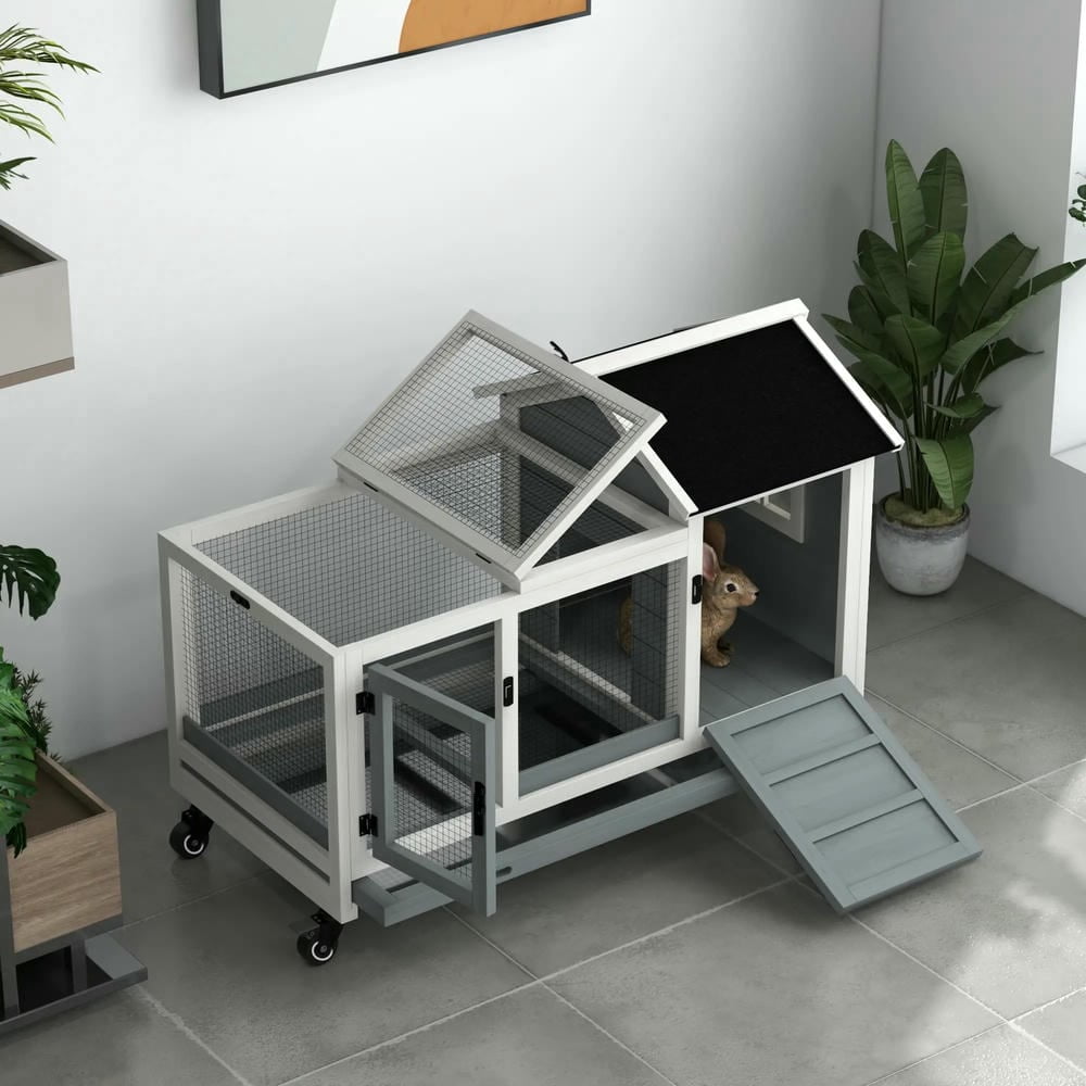 Spaco Wooden Rabbit Hutch with Wheels, Run, Slide-out Tray, Rabbit Hutch for Small Animals, Guinea Pig, Gray