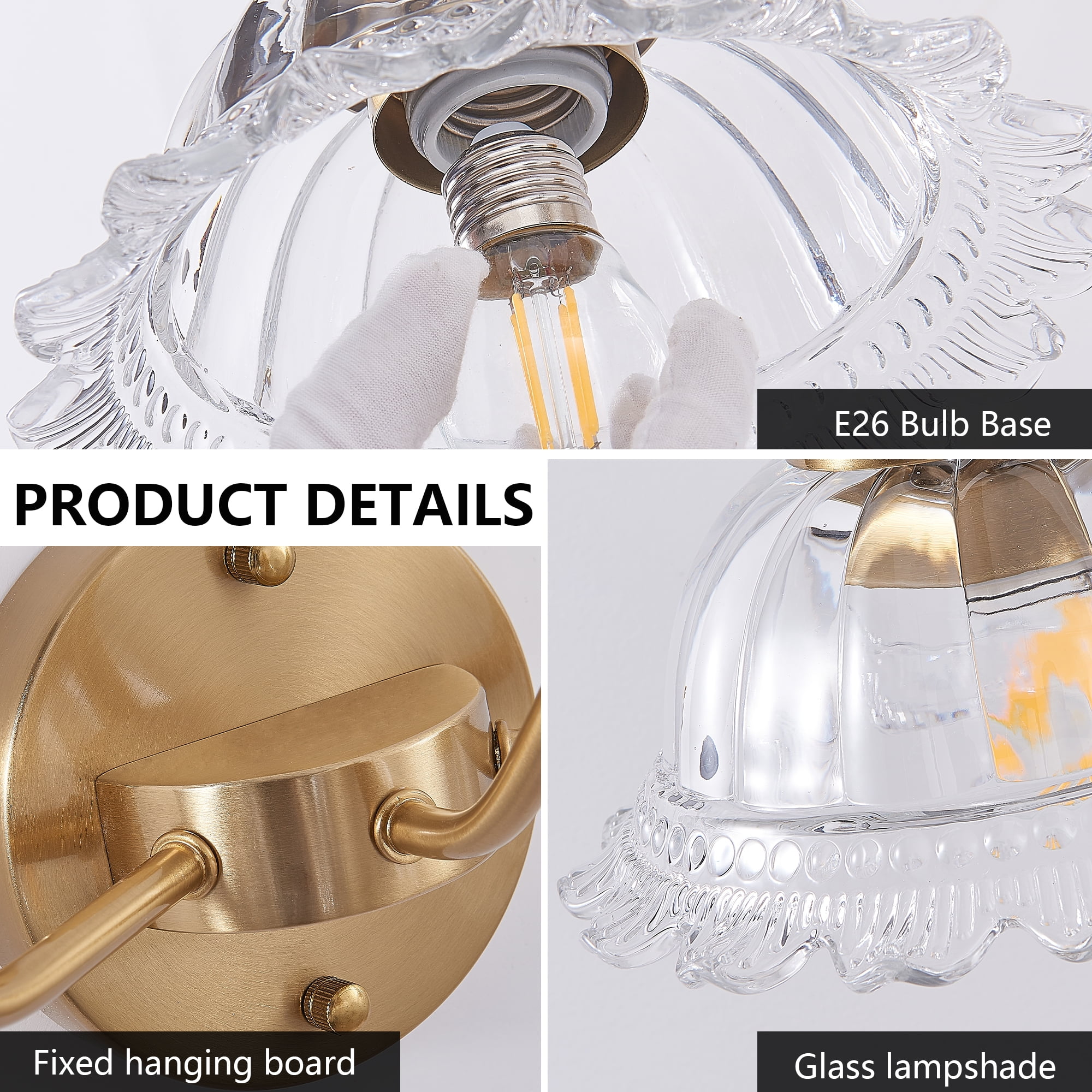 Jopath 24" 3-Light Vintage Bathroom Wall Sconce,Golden Metal and Glass Lampshade Vanity Light Fixture for Bathroom Hallway Bedroom (Bulb Not Included)