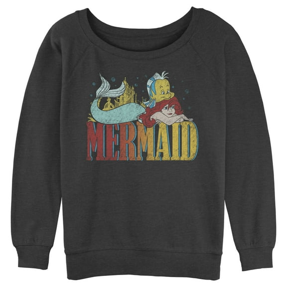 Junior's The Little Mermaid Ariel and Flounder Distressed Logo Sweatshirt Charcoal Heather Small