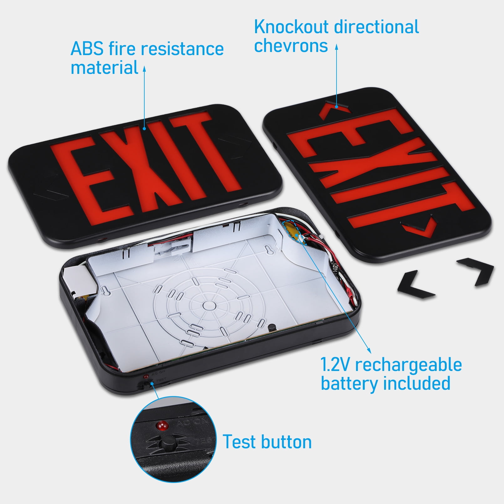 2 Pack LED Emergency Exit Sign with Battery Backup, Double Sided Red Letters Exit Lights, AC 120/277V, Damp Location, Black