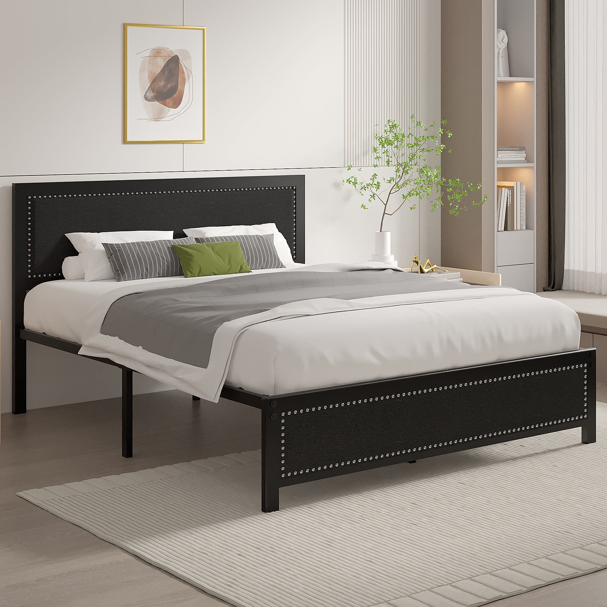 VECELO Queen Size Bed Frame Metal Platform Bed with Upholstered Headboard, No Box Spring Needed, Black