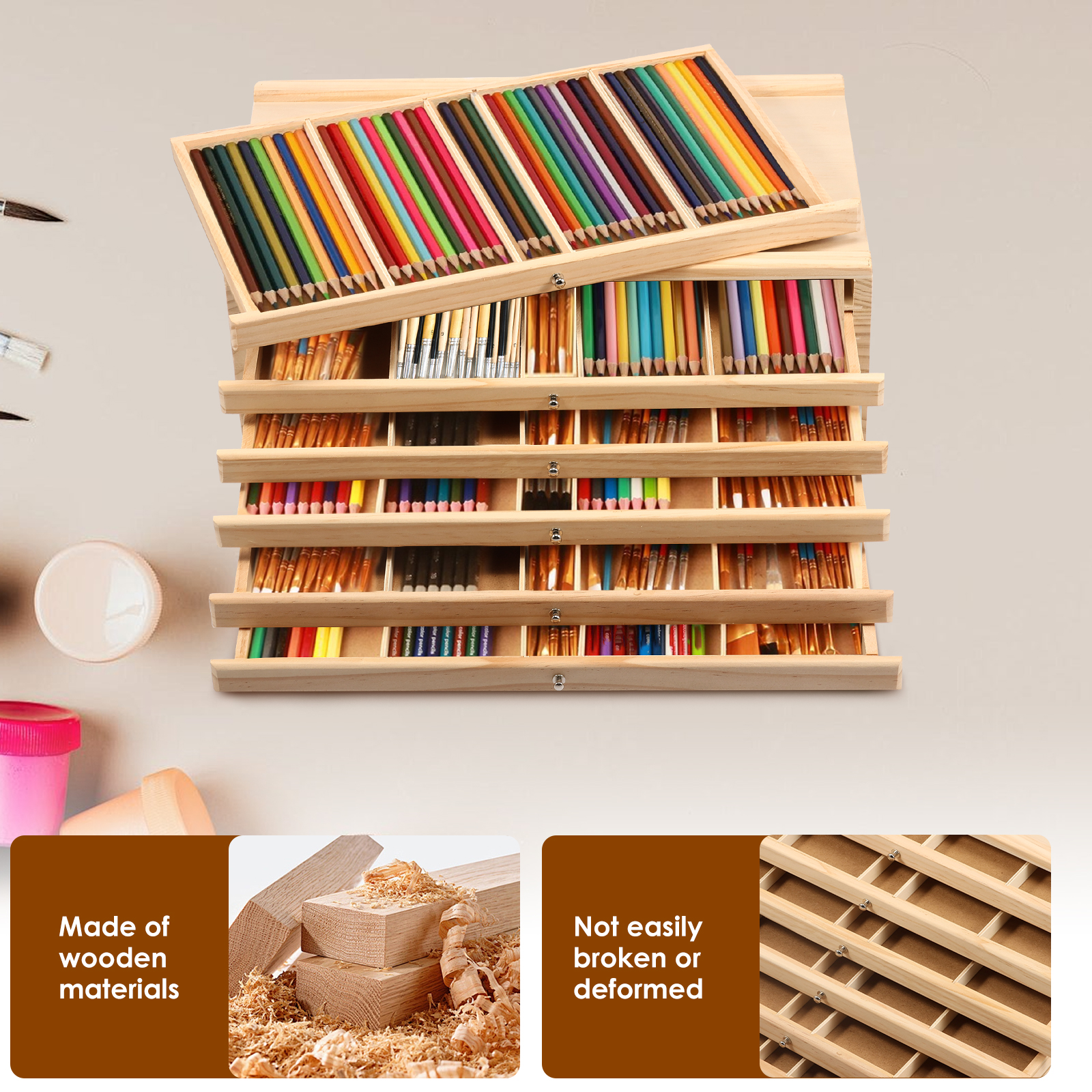 Threns 4/6 Drawer Wooden Artist Supply Storage Box Multifunction Wood Art Tool Paint Brush Organiser Box for Markers Pencils Pens