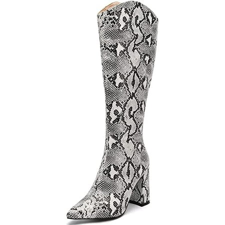 

The shy Womens Knee High Boots Chunky Heel Pointed Toe Snakeskin Cowgirl Cowboy Western Bootie