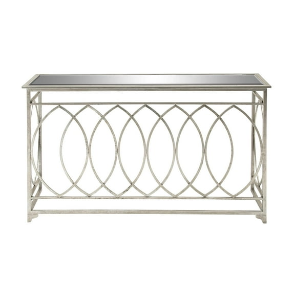 DecMode 54" x 32" Silver Metal Rectangular Geometric Console Table with Mirrored Glass Top, 1-Piece