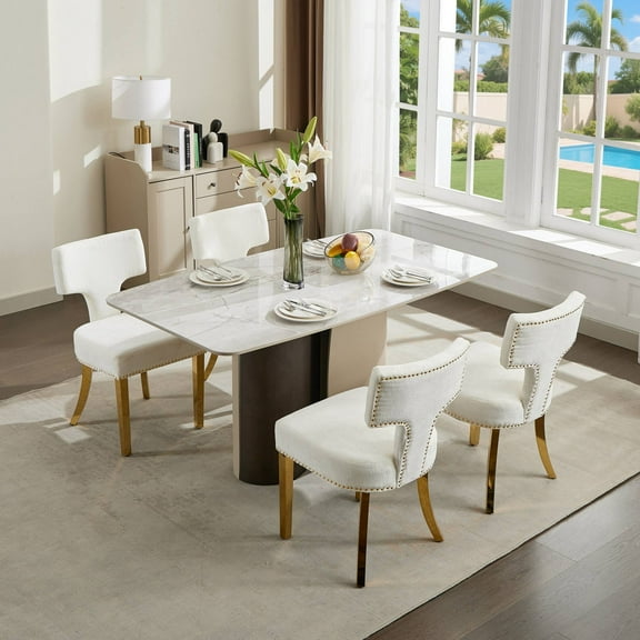 Set of 4 Mid Century Modern Dining Chairs, Farmhouse Chenille Fabric Upholstered Accent Chair Curved Backrest with Copper Nails around,Kitchen Chairs with Golden Stainless Steel Plating Legs (Beige)