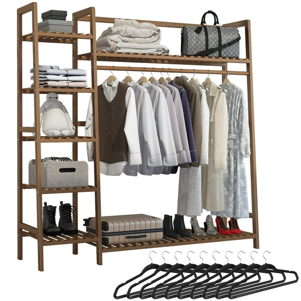 Strong Bamboo Clothing Garment Rack With 7 Tier Shelves Hanging Clothes Heavy Duty Free Standing Multifunctional 10 Pack Hangers Com Strong Bamboo Clothing Garment Rack, Bamboo Coat Rack With Shelf Life