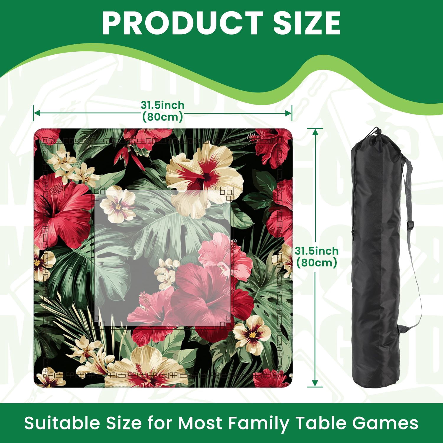 Mahjong Mat 31.5" x 31.5" seamless Exotic hawaiian tropical hibiscus flowers palm Non-Slip Noise Reduction American Mahjong Tiles Table Cover for Dominoes Poker Card Board Games Gift