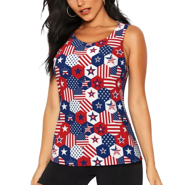 Balery American Stars2 Camiseta sin mangas estampada ligera para mujer, tops de entrenamiento sin mangas, camisetas de yoga transpirables de secado rápido.-Large
