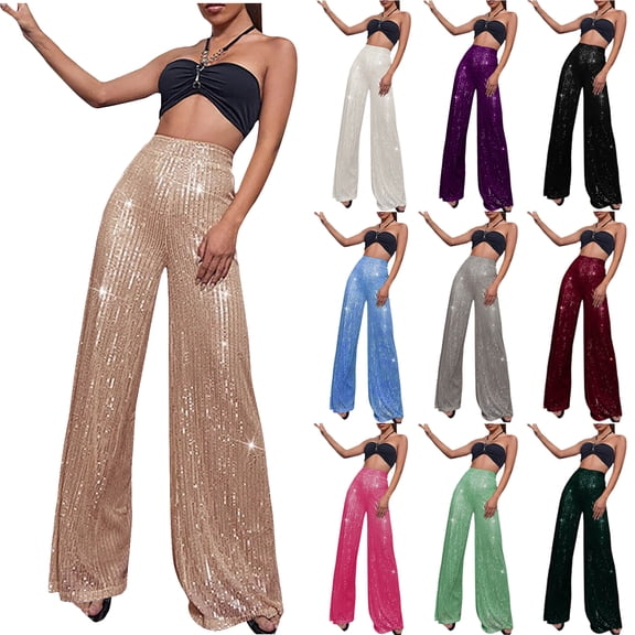 Tqyyweavej Sequin Pants for Women High Rise Sparkly Glitter Baggy Ribbed Trousers Wide Leg Solid Color Lounge Pants Size S to 3XL