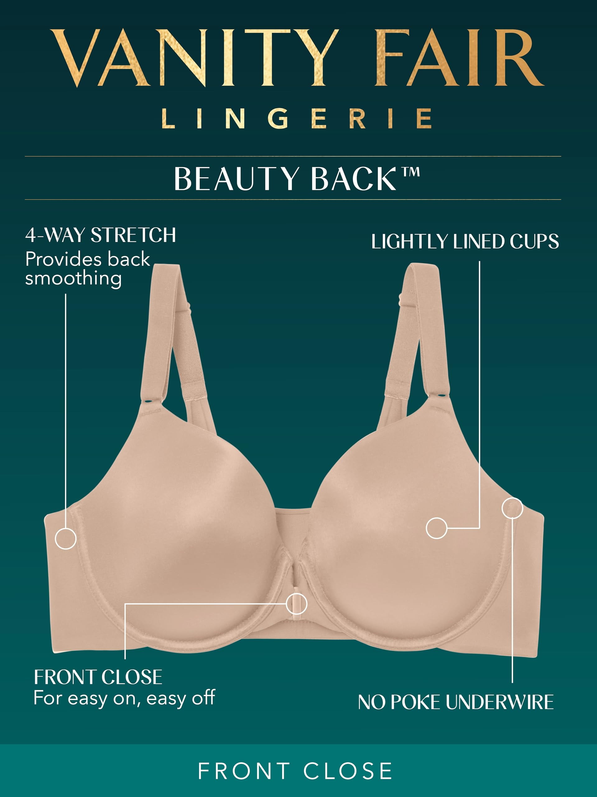 Vanity Fair Lingerie Women's Beauty Back Full Figure Front Close Underwire Bra, Style 76384