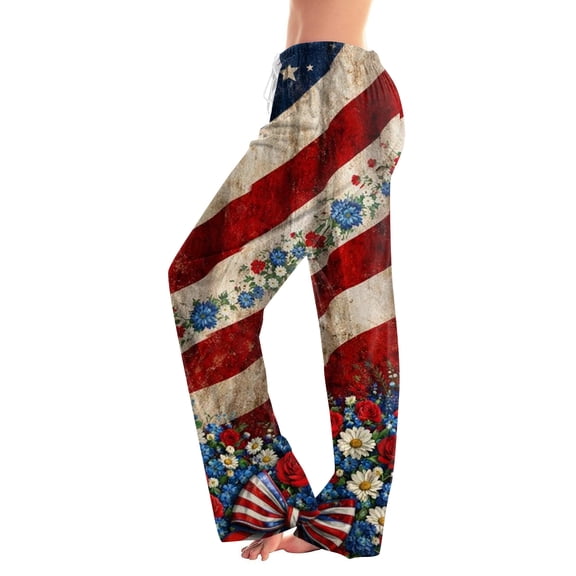 4th Of July Pants for Women 1776-2026 American Flag Print Wide Leg Trousers Elastic High Waist Casual Home Wear Daily Wear Lounge Pants, #01 Red, L