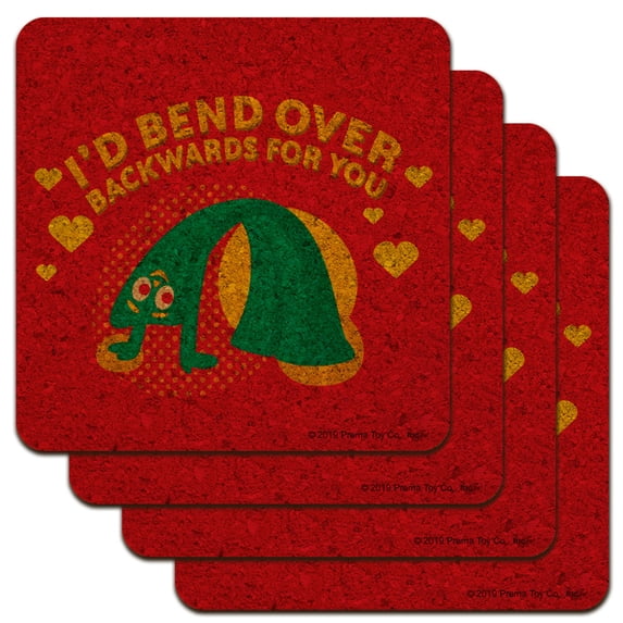 Gumby Bend Over Backwards Love Valentine's Day Low Profile Novelty Cork Coaster Set