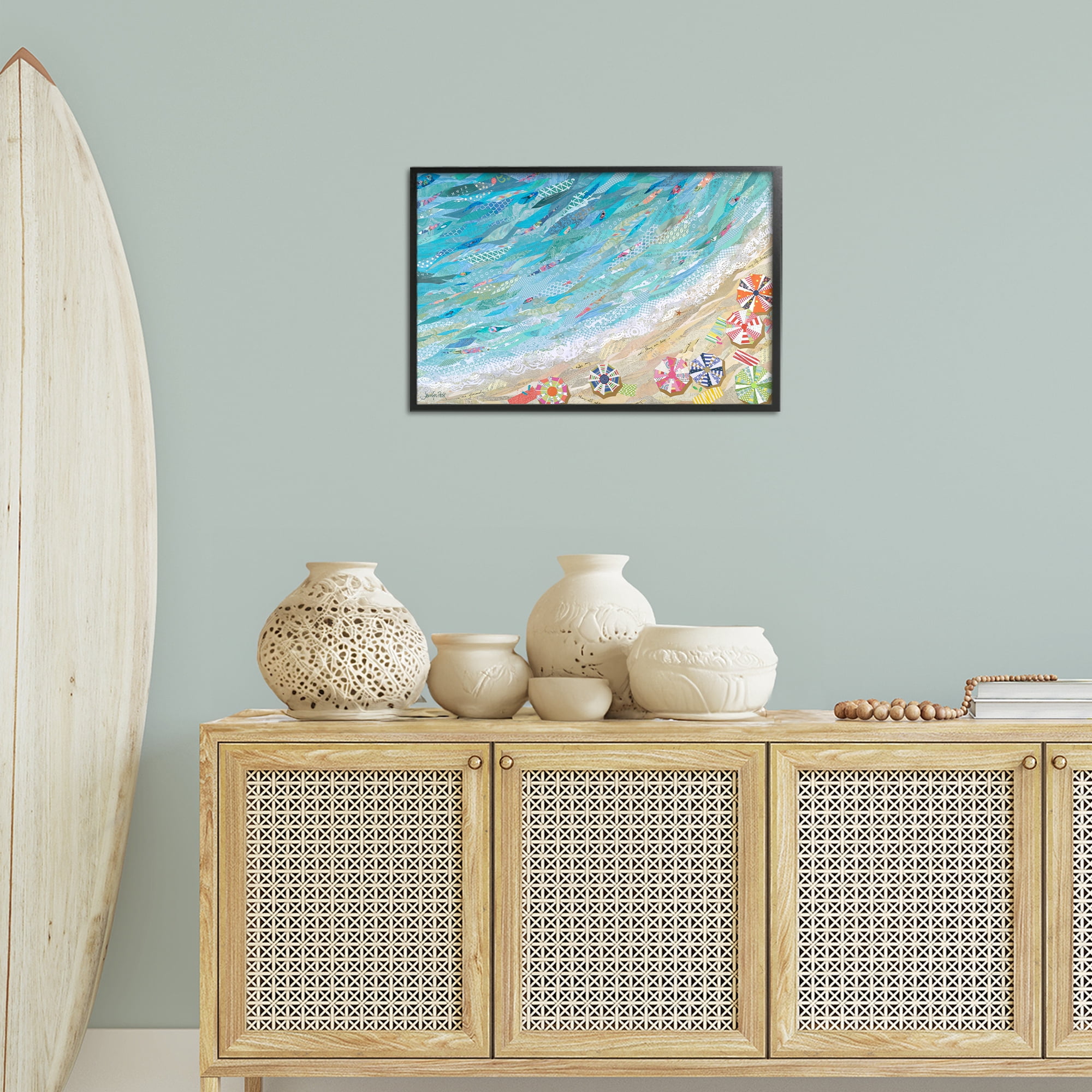 Stupell Industries Collaged Aerial Beach View Coastal Painting Black Framed Art Print Wall Art, 24 x 16