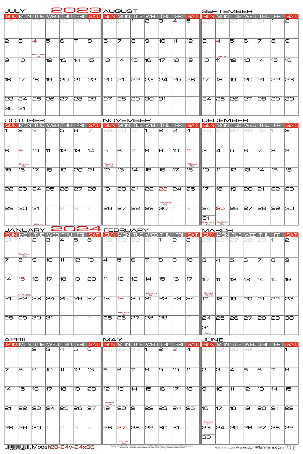 JJH Planners - Laminated - 24" X 36" Large Academic 2023-2025 Erasable Wall Calendar - Vertical 