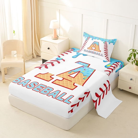 jejeloiu Baseball Ice Cream Twin Sheet Sets,Letter A Monogrammed Bedding For Boy Girl 3 Pieces