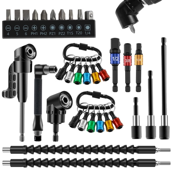 Ikoopy 33Pcs 1/4 Inch Hex Shank Screwdriver Bit Holder Metal Bit Holder Keychain Flexible Drill Bit Extension Kit with 105° Right Angle Drill Extension 1/4inch 3/8inch 1/2inch Socket Adapter