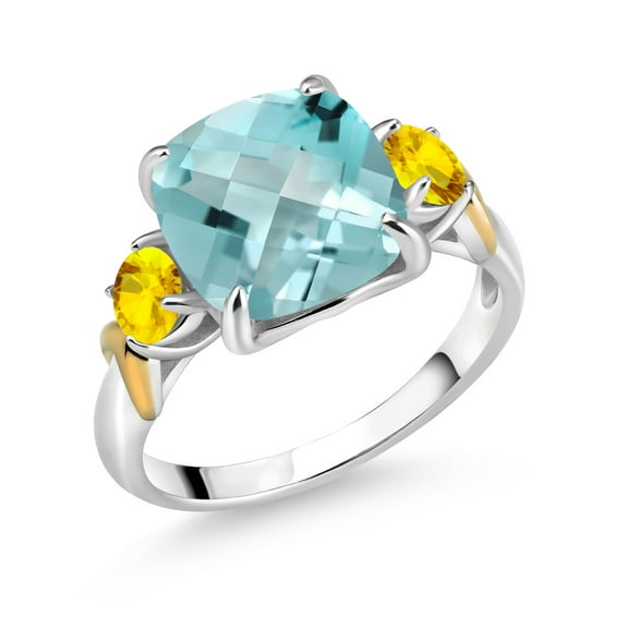 Gem Stone King 925 Silver and 10K Yellow Gold Sky Blue Topaz and Yellow Sapphire 3 Stone Ring for Women (5.87 Cttw, Gemstone November Birthstone, Cushion Checkerboard 10MM, Size 7)