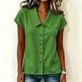 thumbnail image 4 of sdhkgrrt Women Short Sleeve Button Down Shirts Summer Casual Collared Tops Solid Slim Fit Pullover Blouses Cute Office Work Outfits Clothes, Green M, 4 of 8