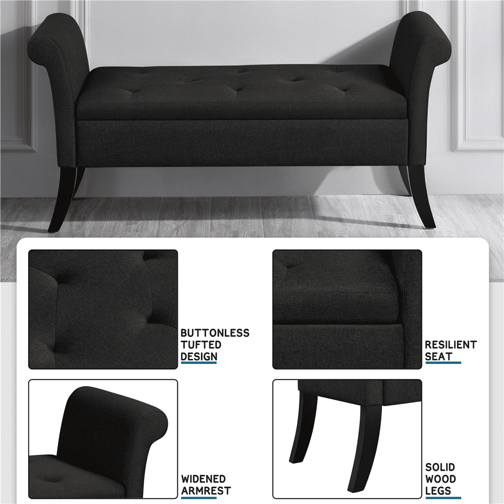 Yaheetech Modern Fabric Tufted Storage Bench Cushioned Ottoman Bench with Rolled Arms, Black