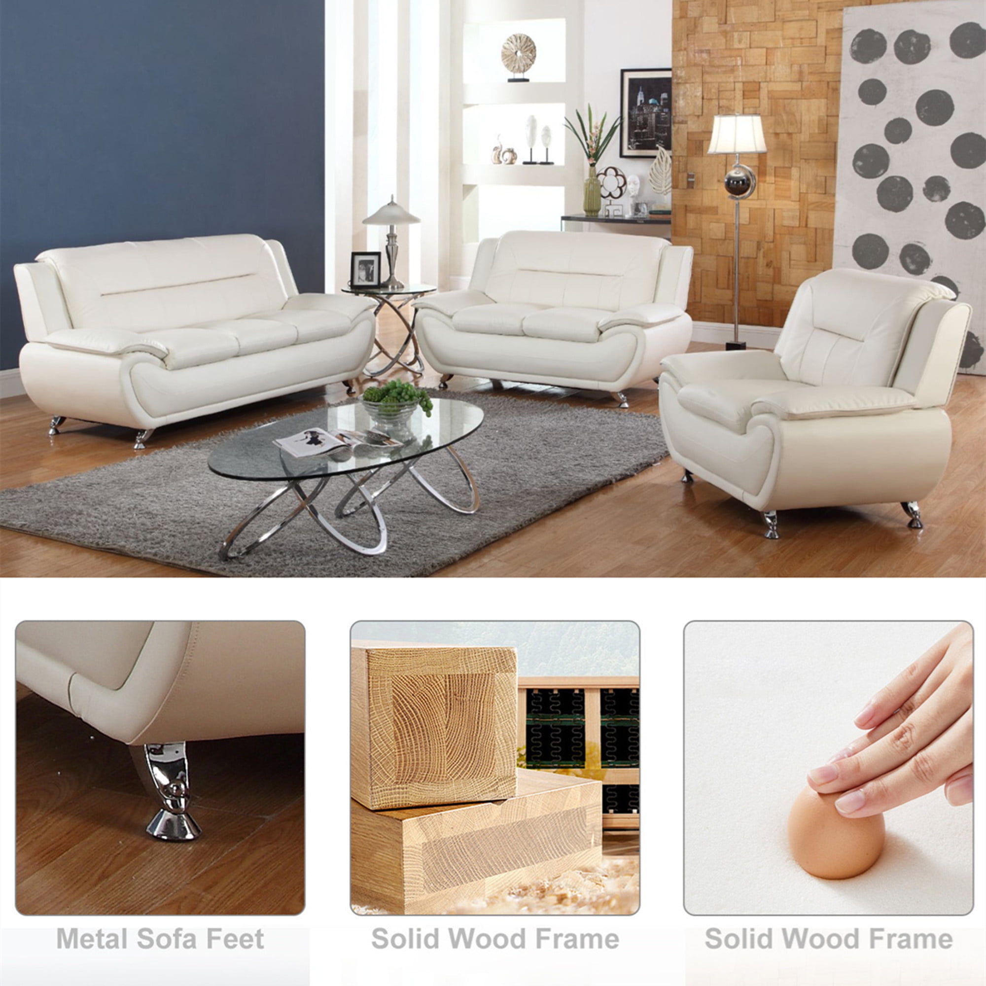 Aukfa 3 Piece Sofa Set - 61" Wide Upholstered Loveseat Couch for Living Room Bedroom, Leather, White