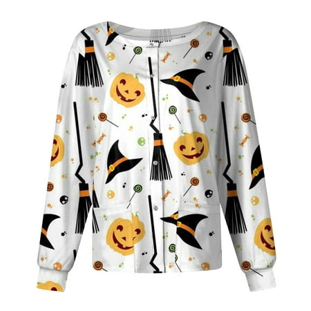 

PURJKPU Scrub Jackets for Women Clearance Halloween Pumpkin Face Ghost Spider Web Printed Nurse Uniforms Snap Front Long Sleeve Scrub Top O Neck Shirts Cute Scrubs Workwear with Pockets White S