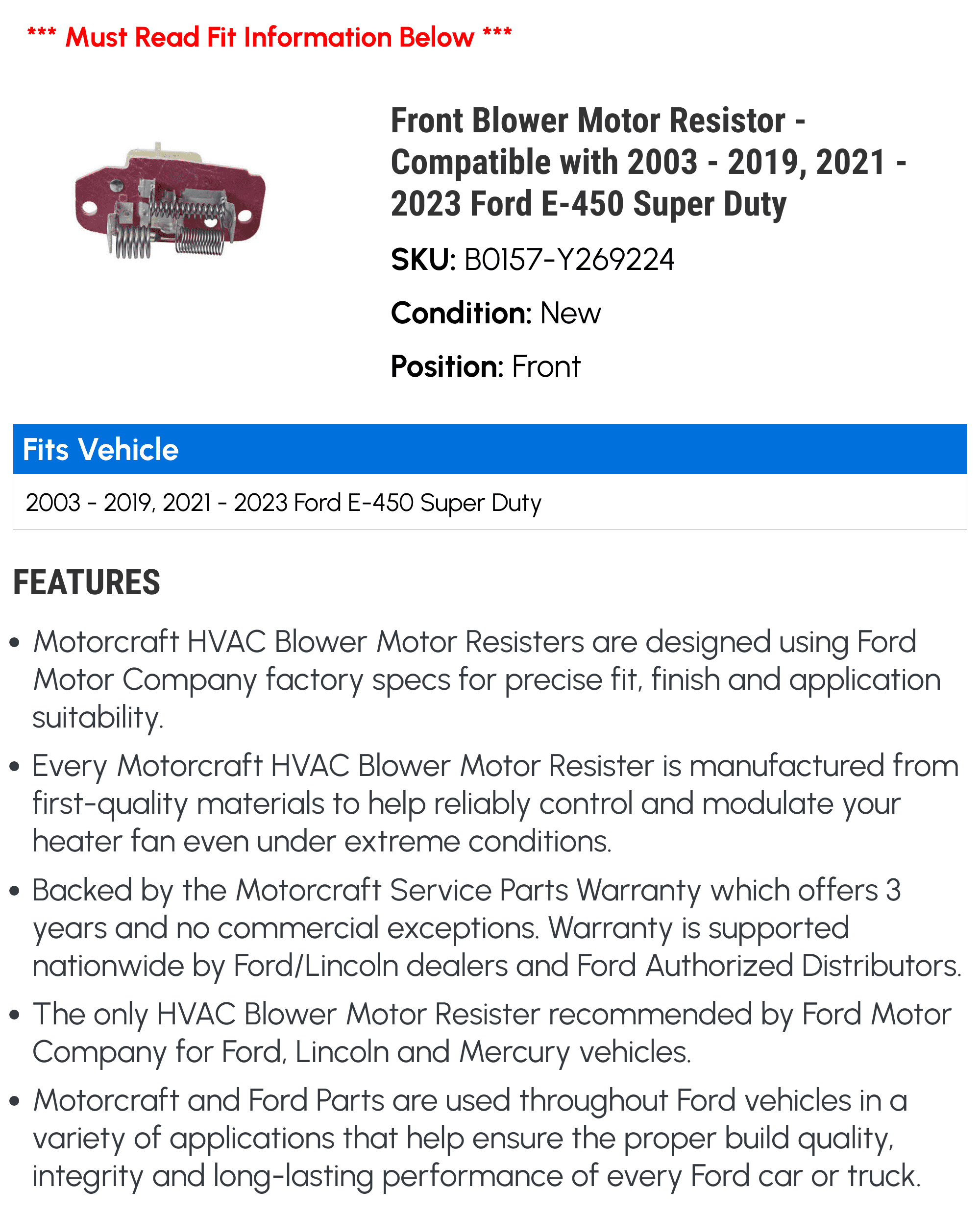 Front Blower Motor Resistor - Compatible with 2003 - 2019, 2021 - 2023 Ford E-450 Super Duty 2004 2005 2006 2007 2008 2009 2010 2011 2012 2013 2014 2015 2016 2017 2018 2022