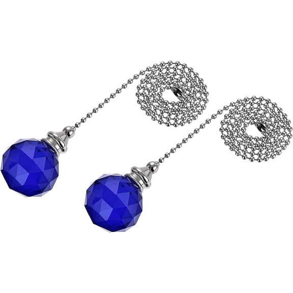 Ceiling Fan Pull Chain, 20 Inch Nickel Finish Chain Ornament Extension, 30mm Blue Crystal Ball Pendant 2Pcs