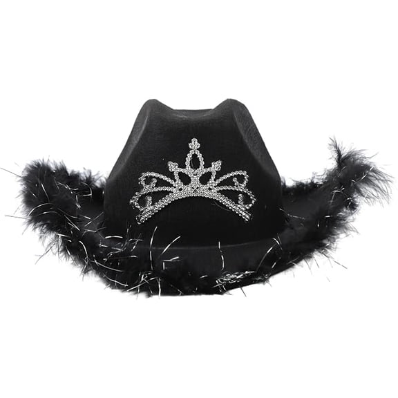 Black Cowboy Cowgirl Hat with Sparkly Crown Faux Feather for Bachelorette Quinceanera Birthday Disco Party Halloween Sweet 15 16