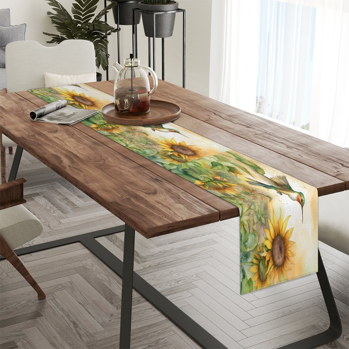 Qzaxky table runner Hummingbirds Print 13 x 48 Inch, Spring Summer Table Runner Green Floral Table Runner Decoration for Indoor Outdoor Home Dinner Party Wedding Decor