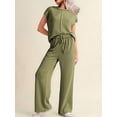 thumbnail image 4 of Women'S Two-Piece Casual Ribbed Knit Short-Sleeved Top, Wide-Leg Pants, Home Wear, Travel Sportswear Army Green M, 4 of 9