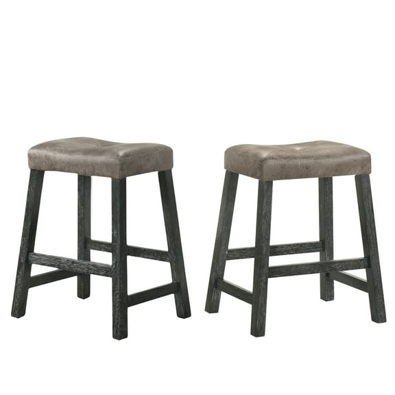 Rustic Backless Counter Stool Set of 2 – 25 Inch Wooden Farmhouse Barstool with Brown Leather Seat, Distressed Finish & Sturdy Frame – Space-Saving Counter-Height Seating for Kitchen