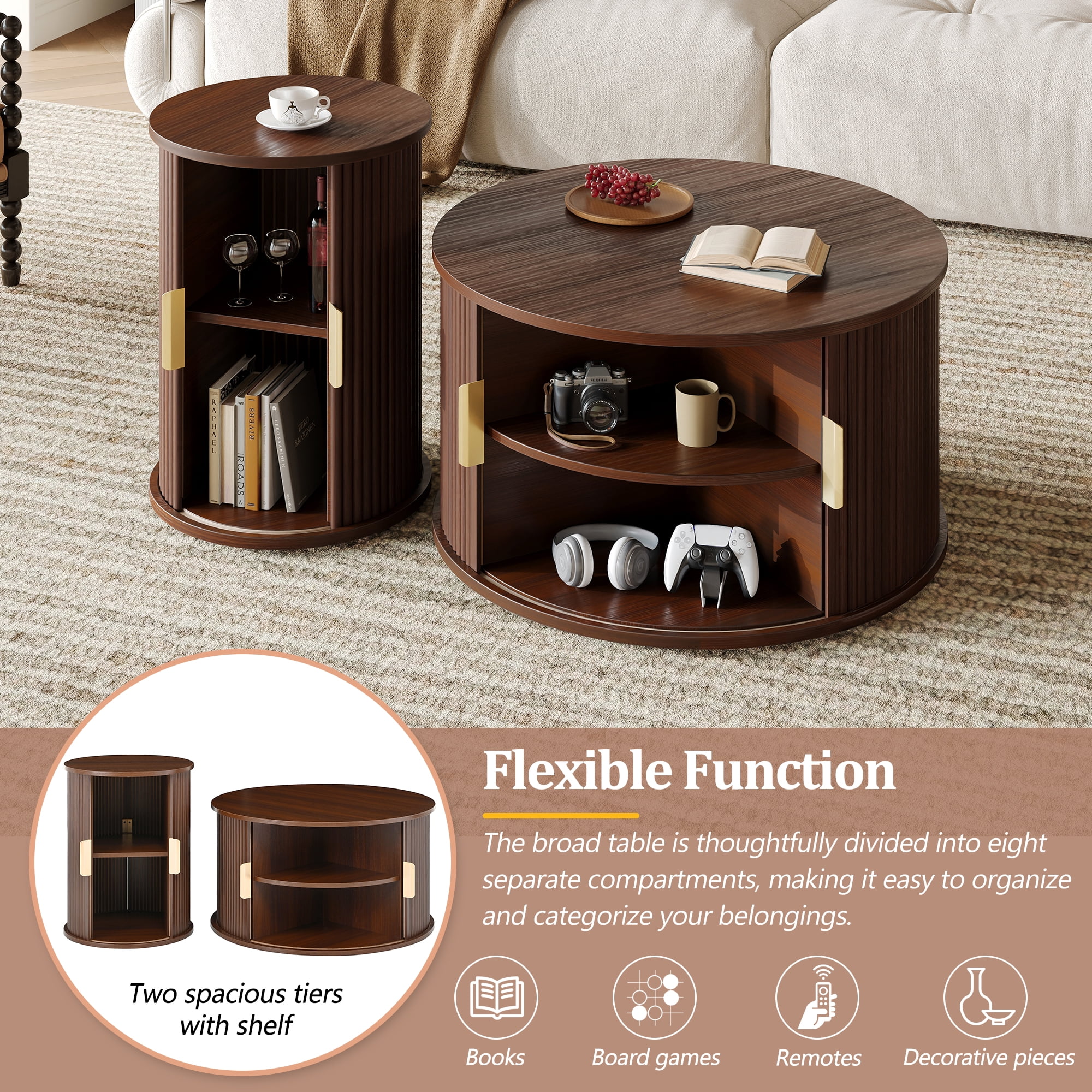 Euroco Mid-Century Coffee Table Set with Sliding Tambour Door, Round Fluted End Table With Storage, Golden Handle Tall & Low Side Table with Wooden Finish for Living Room, Set of Two