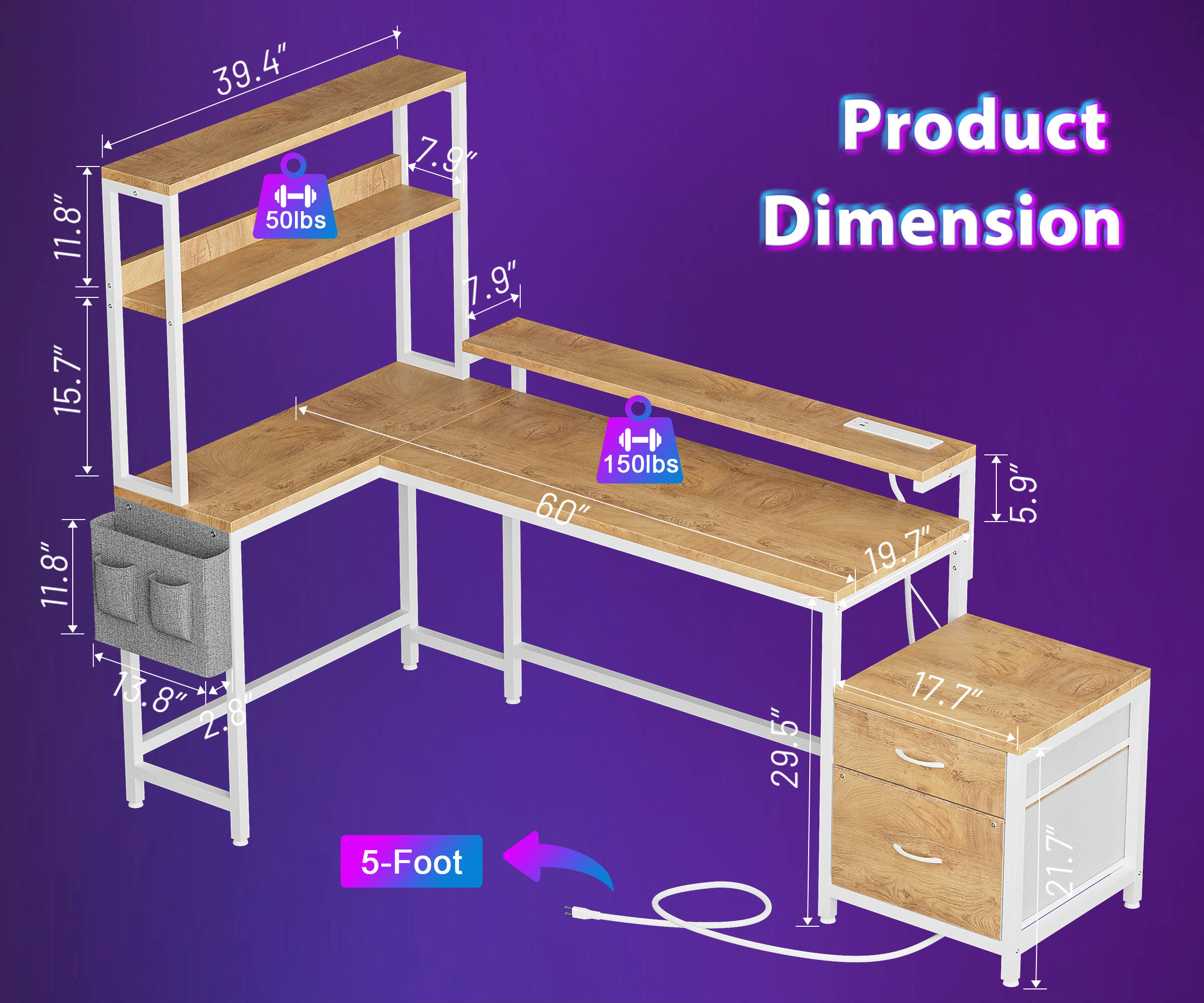GUNAITO L Shaped Gaming Desk with CPU Stand, 71" Corner Computer Desk,Reversible Office Desk with File Drawers Cabinet,3-Tier Shelf,Natural