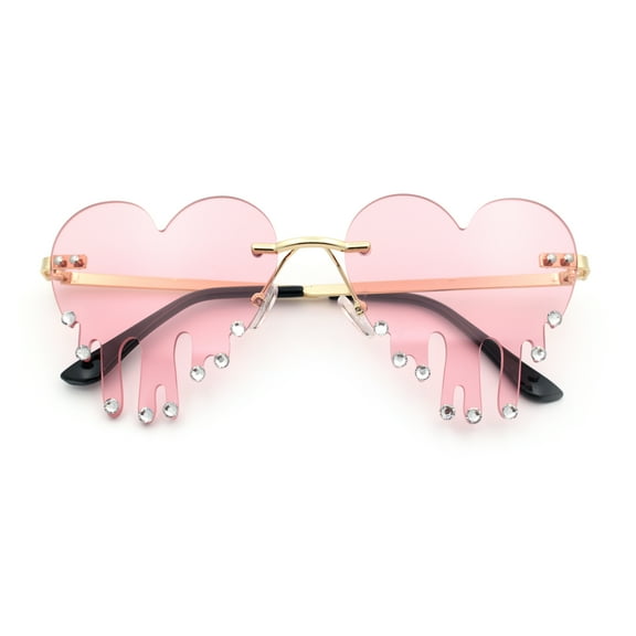 Rhinestone Studded Rimless Melting Heart Valentine Hippie Sunglasses Gold - Pink