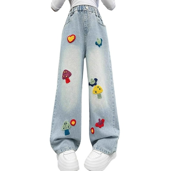 Otqutp Girls Cute Pattern Straight Wide Leg Jeans Elastic High Waisted Loose Denim Pants Teen Youth Y2K Hip Hop Streetwear