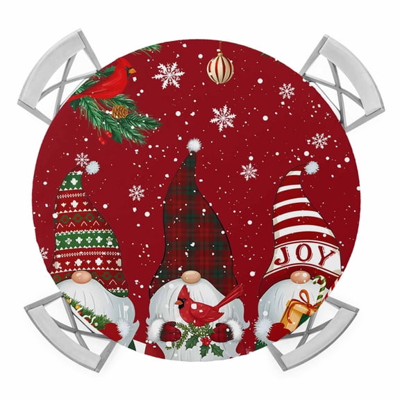 Christmas Gnomes Round Tablecloth for 45-54 Inch Tables,Fitted Table Cover with Elastic Edge,Red Joy Pine Branches Cardinal Birds Waterproof Outdoor Table Cloth Protector for Patio Garden Dinner