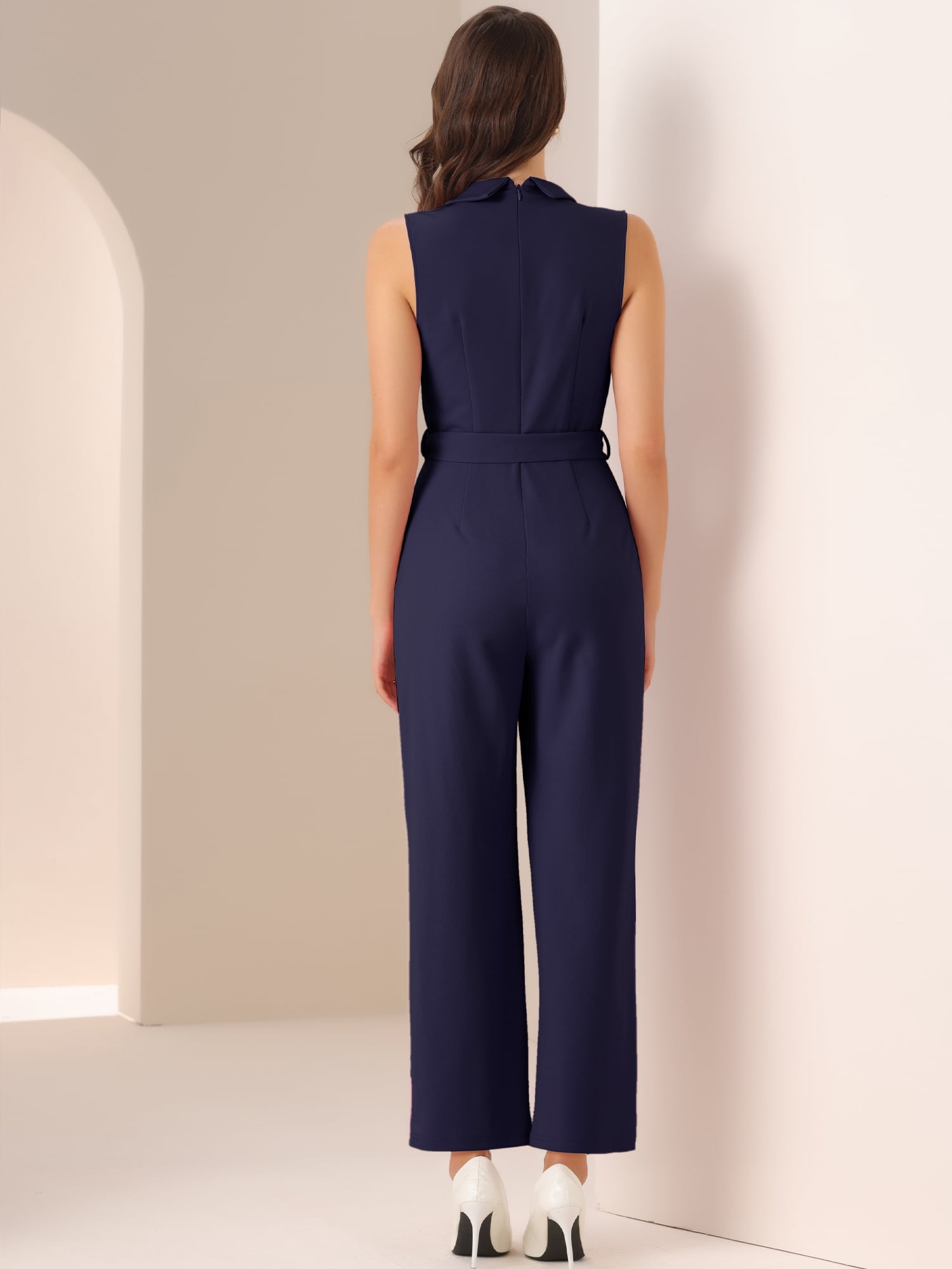 DARING DIVA Women's Casual Sleeveless Shawl Collar Office Jumpsuit L Navy Blue