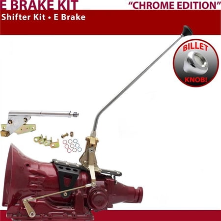 American Shifter AOD Shifter Kit Chrome 23 in. E Brake Push Button Floor Handle Billet Knob for F40EA