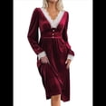 thumbnail image 1 of Vestido Formal Elegante de Terciopelo con Escote en V y Encaje Retro Estilo Vintage para Mujer. Rojo Vino M, 1 of 10